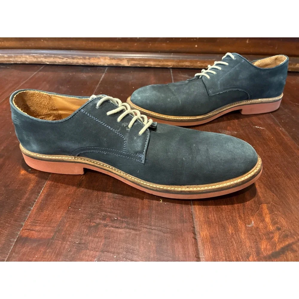 1901 Brand Derby Shoes Mens 12 Navy Blue Nubuck Leather Brick Red Sole M38115